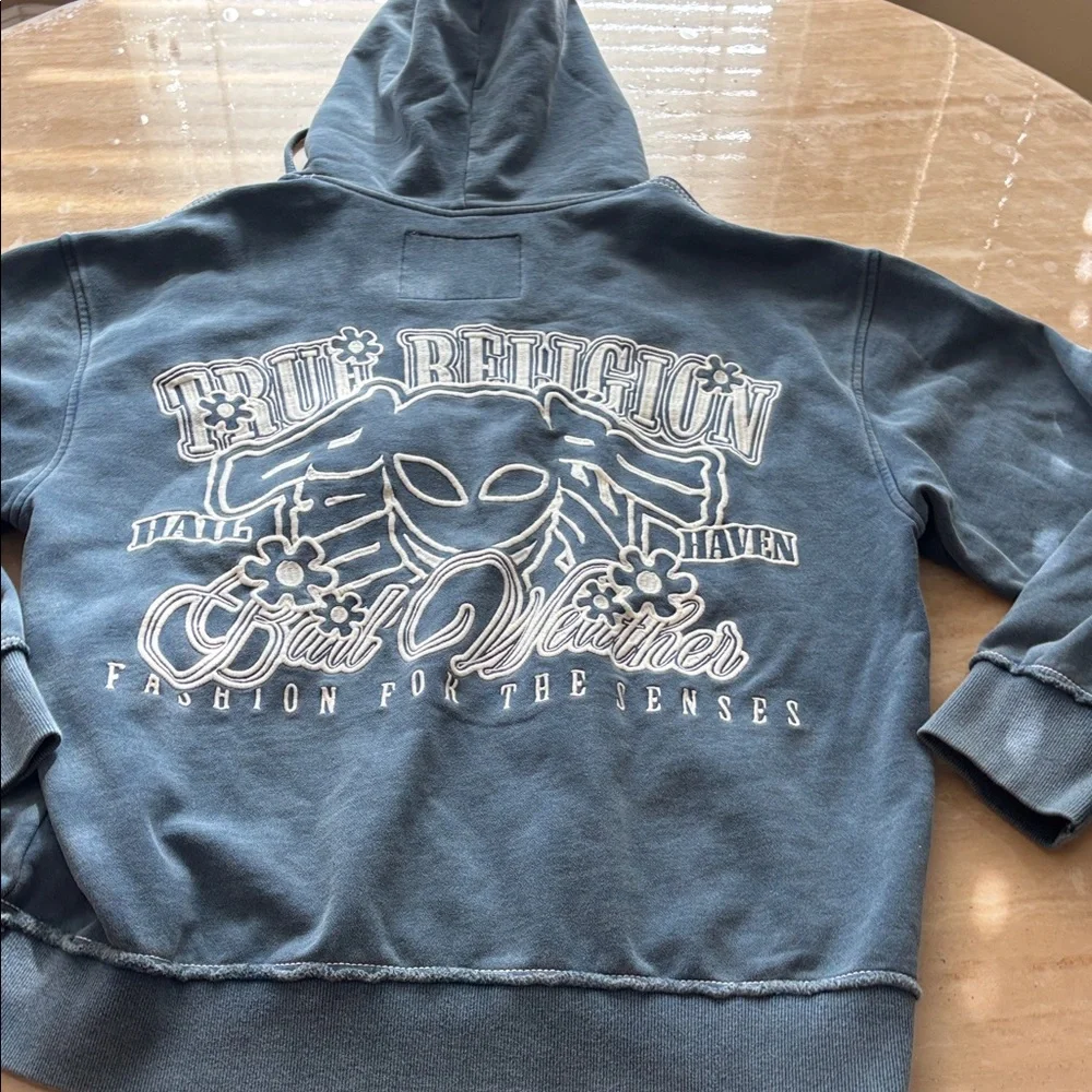 True Religion Blue Hoodie with Embroidered Logo. Unisex